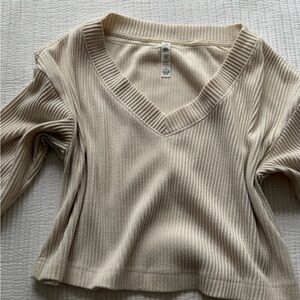 Alo Women's V-Neck Ribbed Sweater Top, Cream - Small